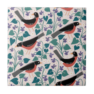 American Robin Violet Anemone Bird Flower Tile