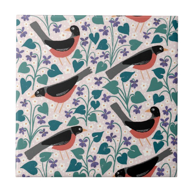 American Robin Violet Anemone Bird Flower Tile (Front)