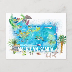 American Samoa Illustrated Island Travel Map Postcard