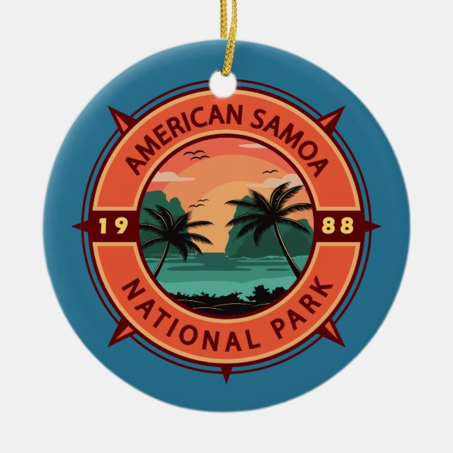American Samoa National Park Retro Compass Emblem Ceramic Tree Decoration (Front)