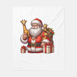 American Santa Claus Holding Giraffe Present Xmas Fleece Blanket