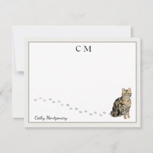 American Short Hair Brown Tabby Cat Monogram Name Card