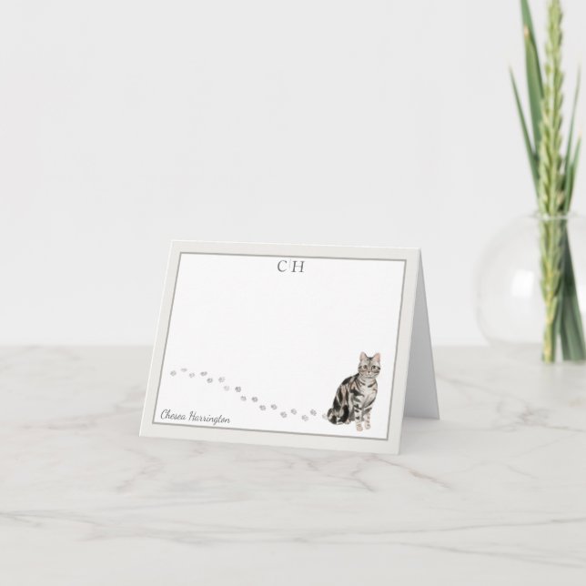 American Short Hair Cat Grey Border Monogram Name Thank You Card (Front)