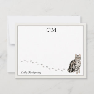 American Short Hair Cat Grey Frame Monogram Name Card