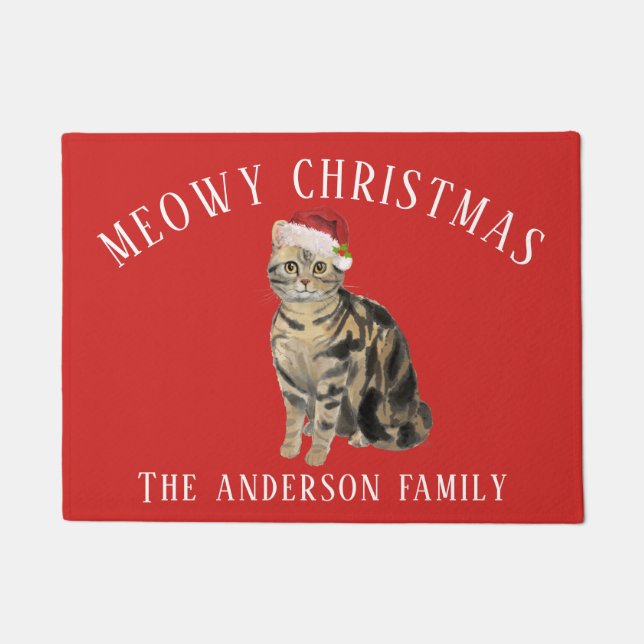 American Shorthair Brown Tabby Cat Meowy Christmas Doormat (Front)