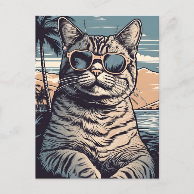 American-Shorthair-Cat at a tropical beach Postcard (Front)
