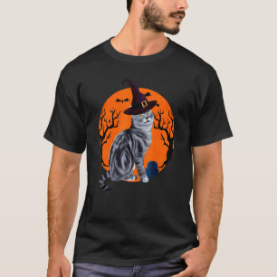 American Shorthair Cat Halloween Witch Hat And Moo T-Shirt