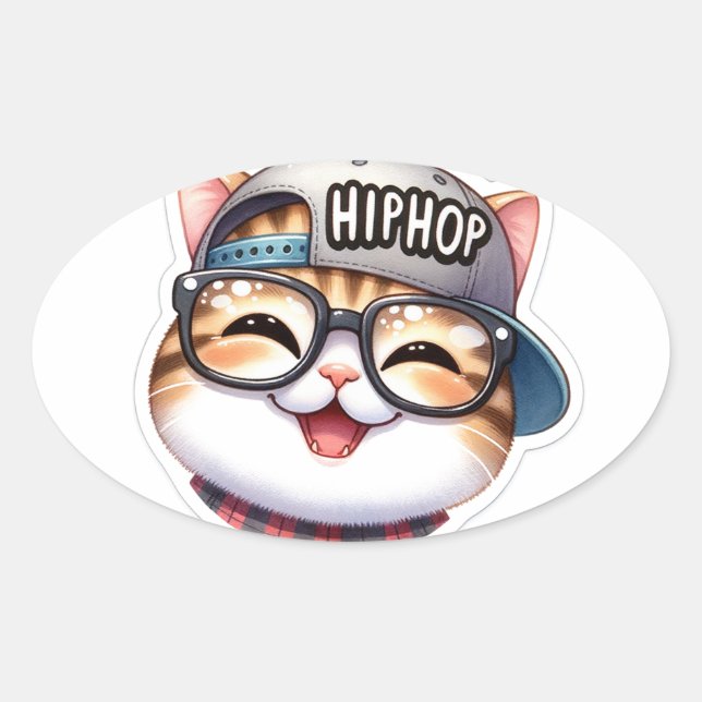 American Shorthair cat wearing a hiphop hat and gl Oval Sticker (Front)