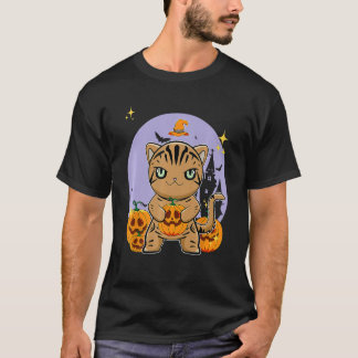 American Shorthair Cat With Pumpkin Halloween T-Shirt