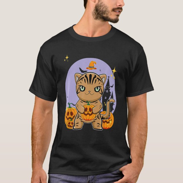 American Shorthair Cat With Pumpkin Halloween T-Shirt (Front)