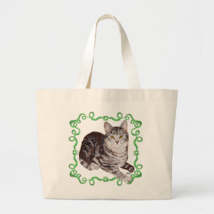American Shorthair Tabby Cat Green Ribbon Large Tote Bag