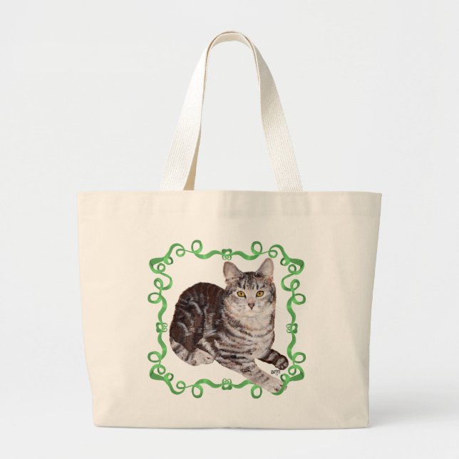 American Shorthair Tabby Cat Green Ribbon Large Tote Bag (Front)