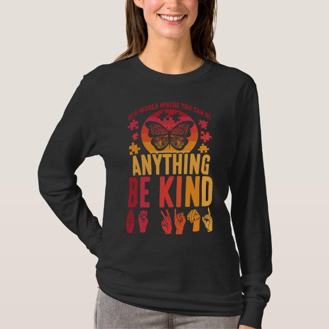 American Sign Language Be Kind Puzzle Butterfly T-Shirt (Front)