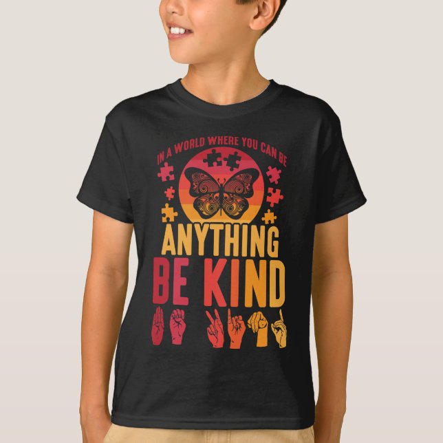 American Sign Language Be Kind Puzzle Butterfly T-Shirt (Front)