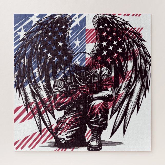American Soldier Angel Praying USA Flag Art Jigsaw Puzzle (Vertical)