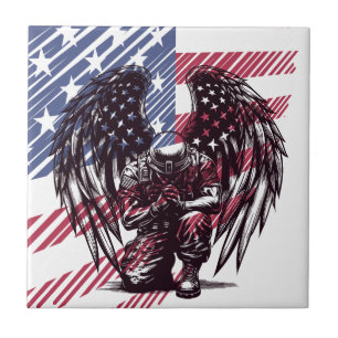 American Soldier Angel Praying USA Flag Art Tile