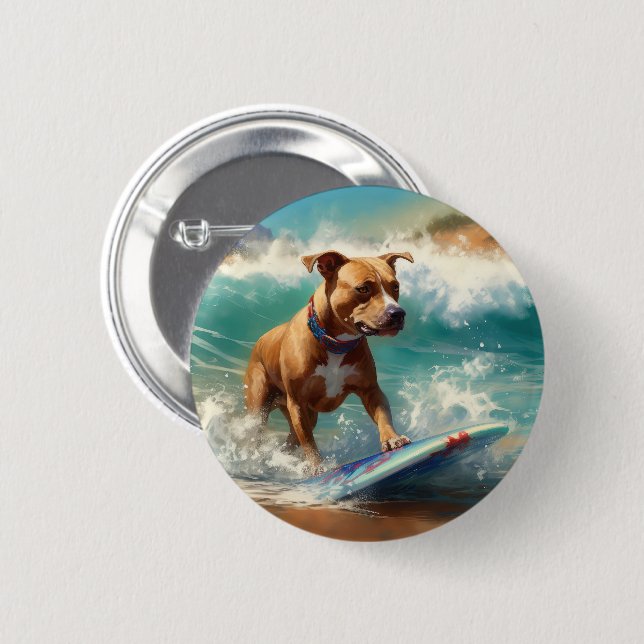 American Staffordshire Beach Surfing Painting  6 Cm Round Badge (Front & Back)