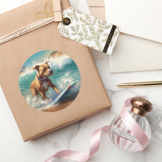 American Staffordshire Beach Surfing Painting  Classic Round Sticker (Gifting)