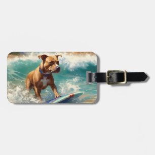 American Staffordshire Beach Surfing Painting Luggage Tag