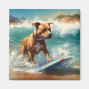 American Staffordshire Beach Surfing Painting Magnet