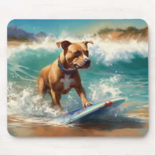 American Staffordshire Beach Surfing Painting Mouse Pad