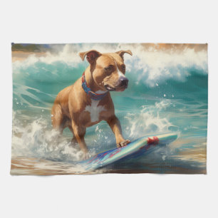 American Staffordshire Beach Surfing Painting  Tea Towel