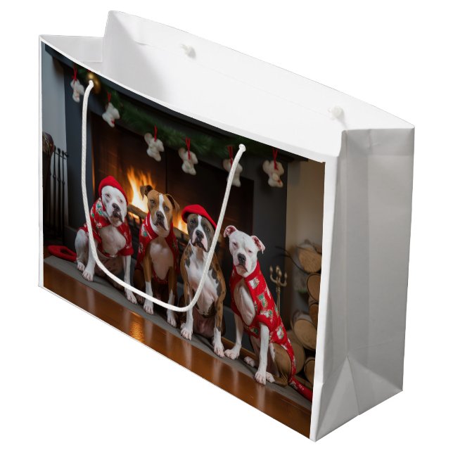American Staffordshire by the Fireplace Christmas Large Gift Bag (Front Angled)
