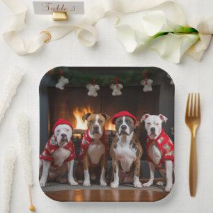 American Staffordshire by the Fireplace Christmas Paper Plate