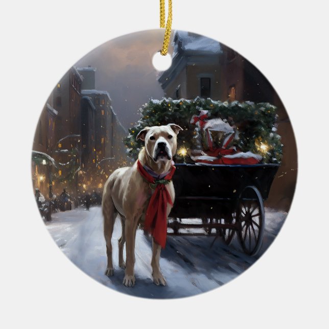 American Staffordshire Christmas Festive Season Ceramic Tree Decoration (Front)