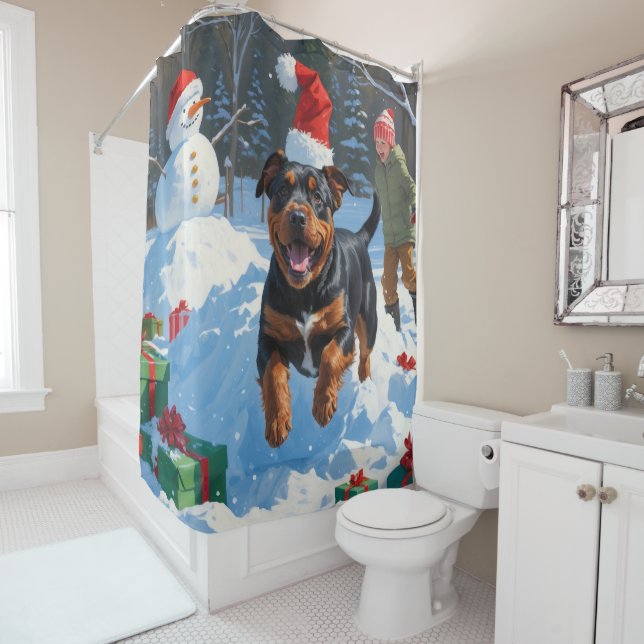 American Staffordshire Christmas Festive Snow  Shower Curtain (In Situ)