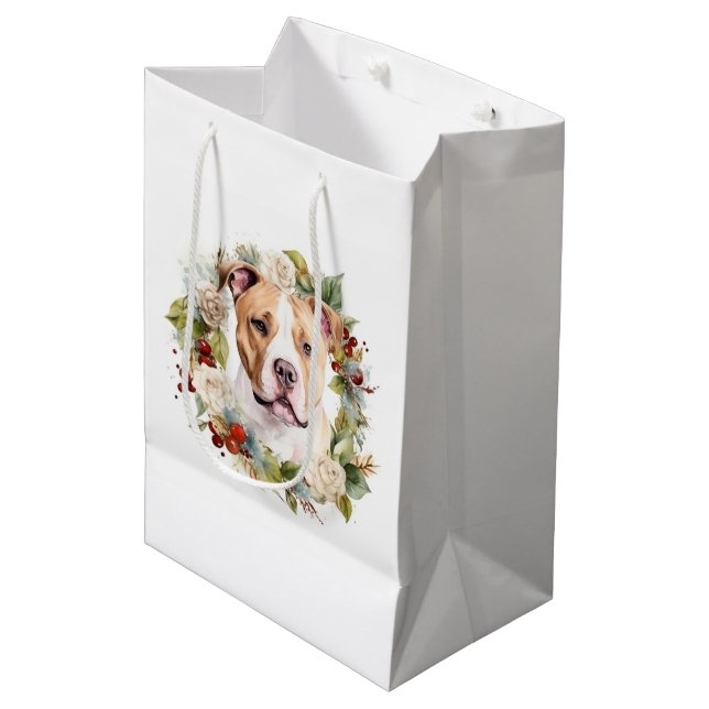 American Staffordshire Christmas Wreath Festive Medium Gift Bag (Front Angled)