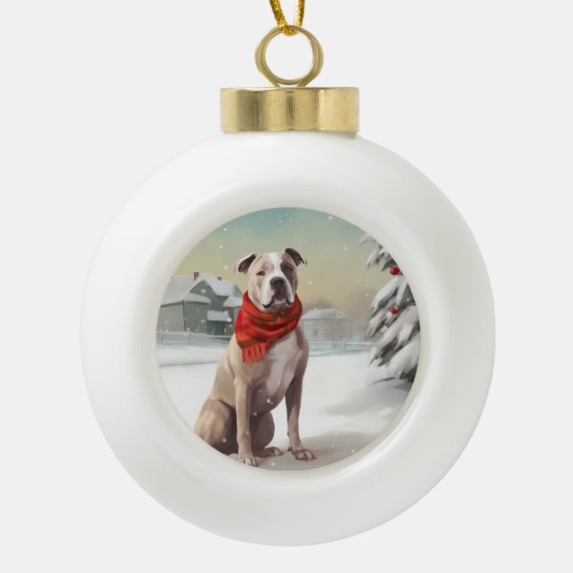 American Staffordshire Dog in Snow Christmas  Ceramic Ball Christmas Ornament (Front)