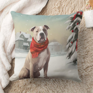 American Staffordshire Dog in Snow Christmas Cushion