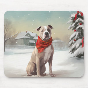 American Staffordshire Dog in Snow Christmas Mouse Pad