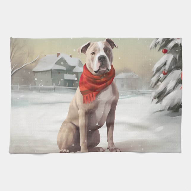 American Staffordshire Dog in Snow Christmas  Tea Towel (Horizontal)