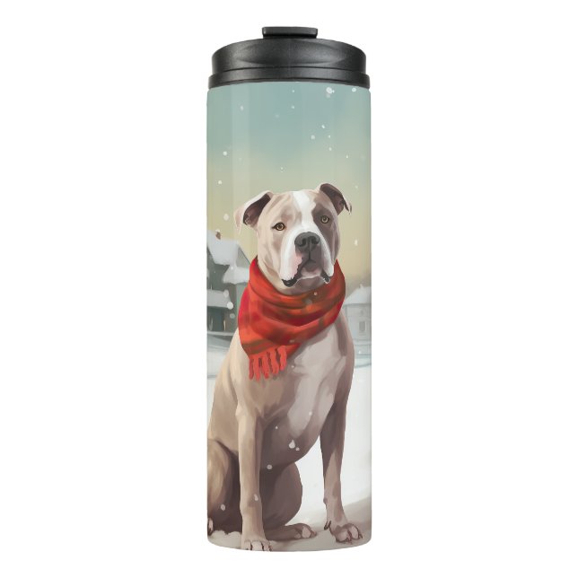 American Staffordshire Dog in Snow Christmas  Thermal Tumbler (Front)