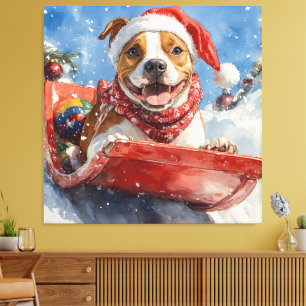 American Staffordshire in Sledge Christmas Canvas Print