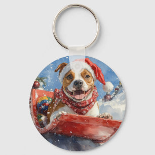 American Staffordshire in Sledge Christmas Key Ring