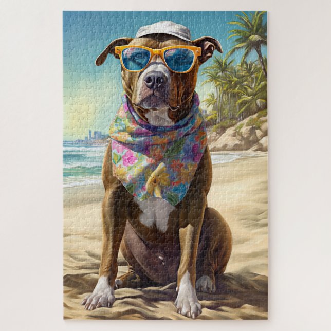 American Staffordshire on Beach,summer gift Jigsaw Puzzle (Vertical)