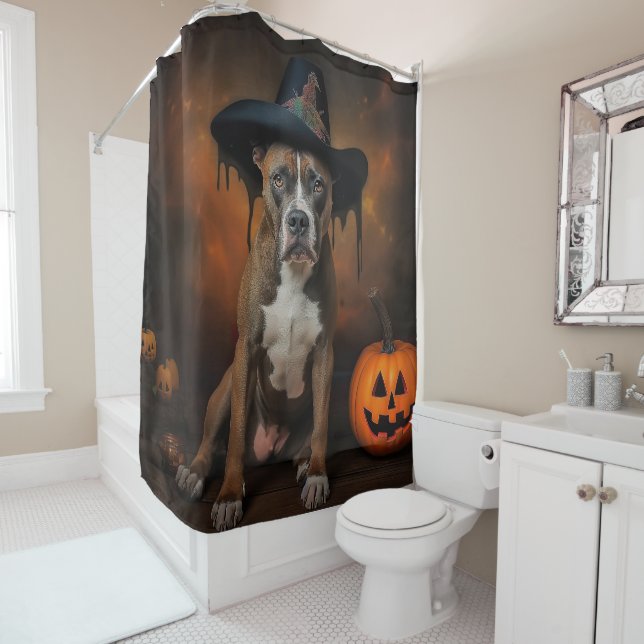 American Staffordshire Pumpkins Halloween Scary Shower Curtain (In Situ)
