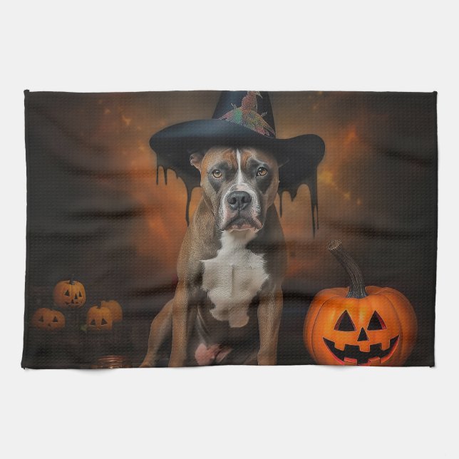 American Staffordshire Pumpkins Halloween Scary Tea Towel (Horizontal)