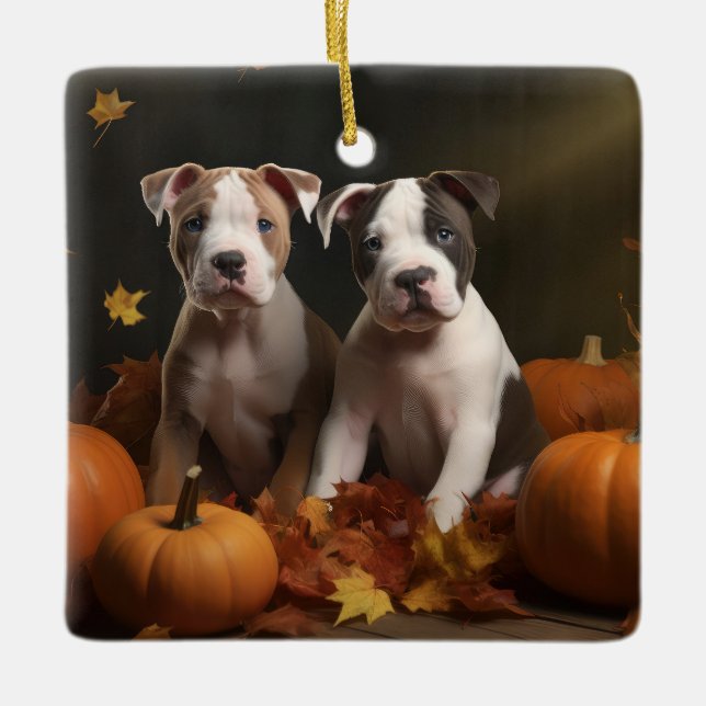 American Staffordshire Puppy Autumn Delight Ceramic Ornament (Front)