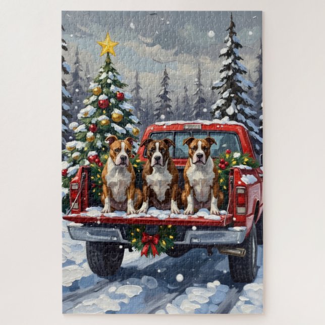 American Staffordshire Terrier Christmas Red Truck Jigsaw Puzzle (Vertical)