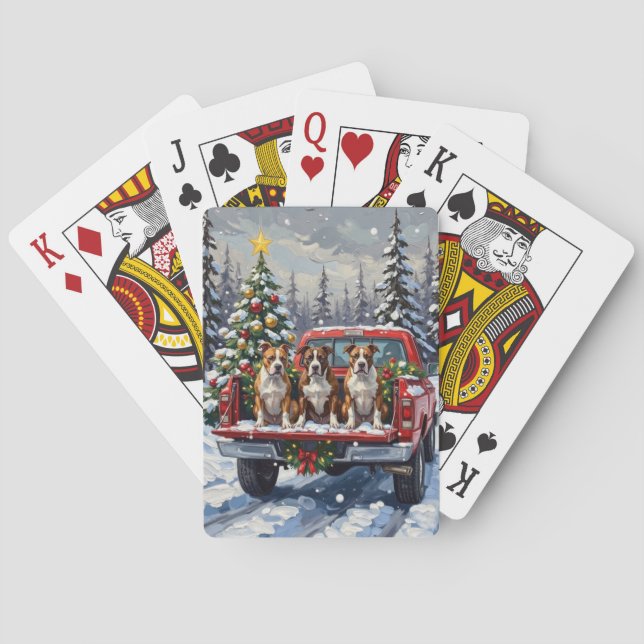 American Staffordshire Terrier Christmas Red Truck Playing Cards (Back)