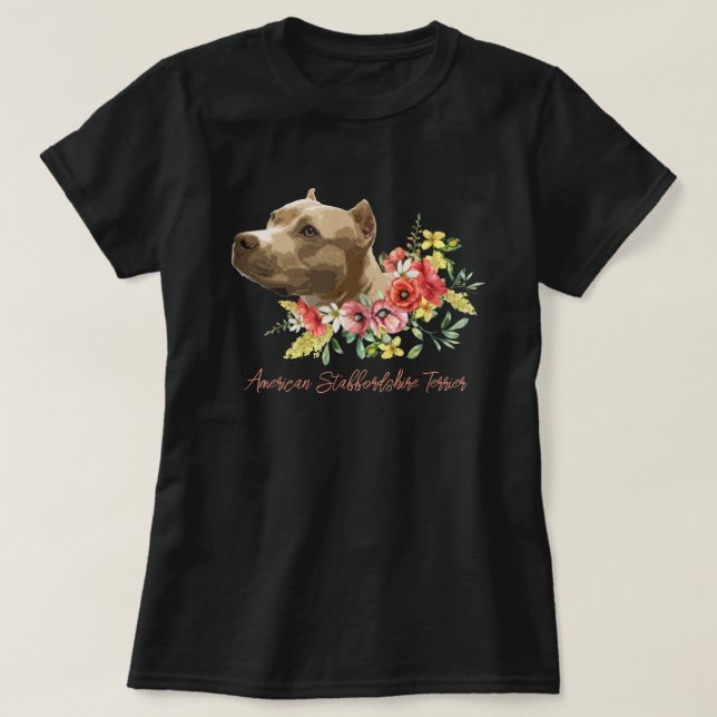 American Staffordshire Terrier Floral Illustration T-Shirt (Design Front)