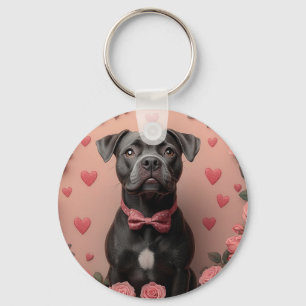 American Staffordshire with Roses -Valentine's Day Key Ring