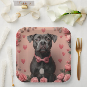 American Staffordshire with Roses -Valentine's Day Paper Plate