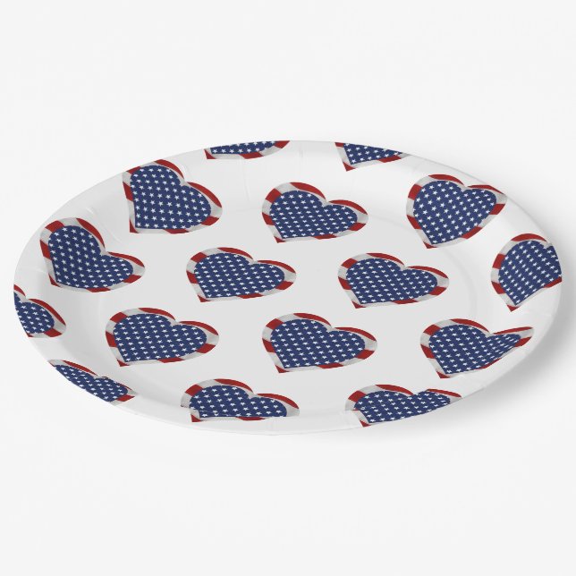 American Stars and Stripes Hearts Patriotic Paper Plate (Angled)