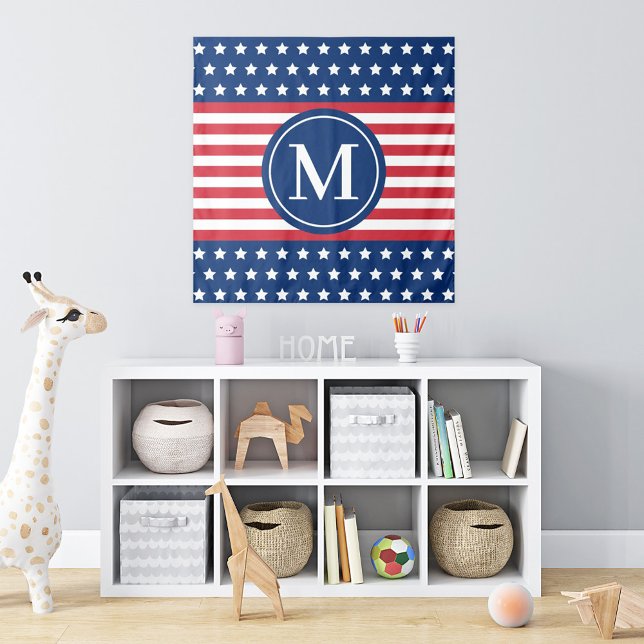 American Stars and Stripes Monogram Square Tapestry (Creator Uploaded)