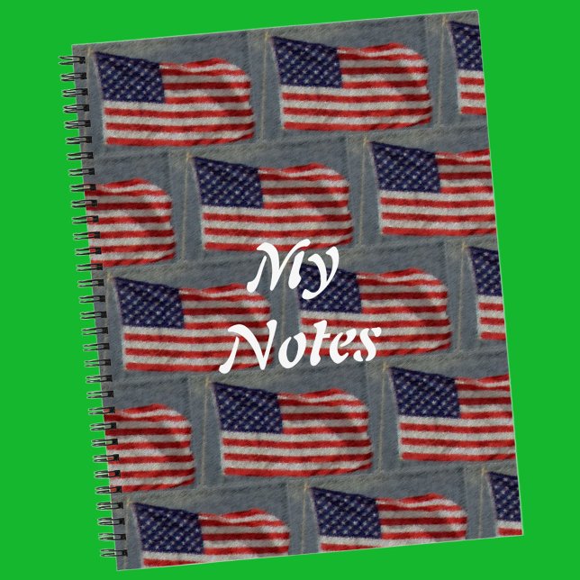 American Stars & Stripes US Flag Art White Text Notebook (Front with Background)